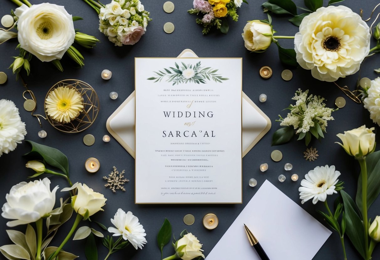 A wedding invitation surrounded by a variety of floral arrangements and decorative elements, with a pen and paper nearby for making a guest list