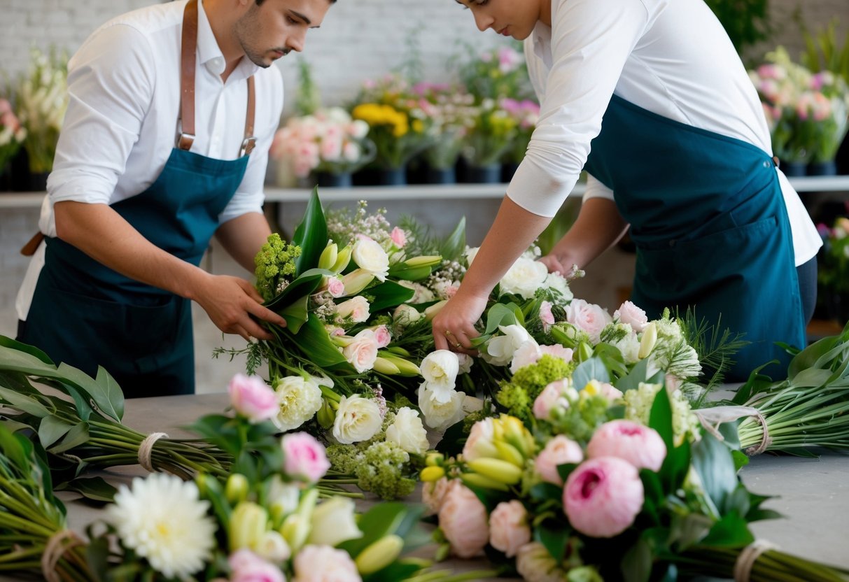 Florists carefully dismantle arrangements, discarding wilted blooms and salvaging fresh ones for new designs