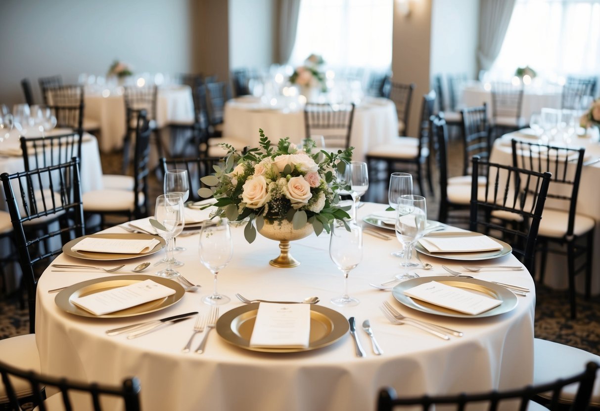 A beautifully set table with elegant place settings and a floral centerpiece, surrounded by empty chairs