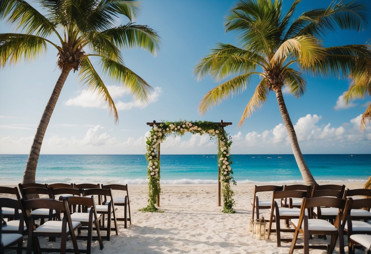 A tropical beach with a decorated wedding arch, surrounded by palm trees and overlooking the ocean. A group of chairs set up for a small, intimate ceremony