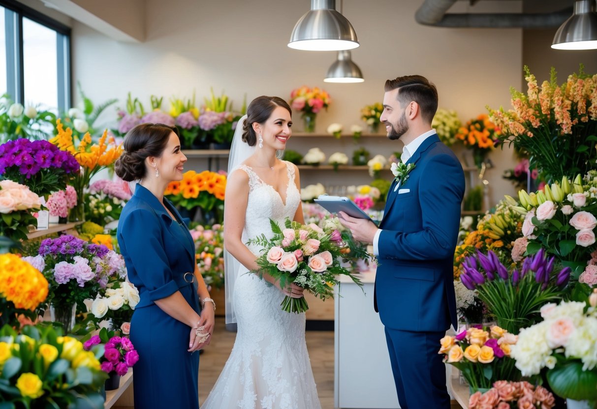 A bride and groom stand in a flower shop, surrounded by vibrant blooms. The florist presents various arrangements, while the couple discusses their budget
