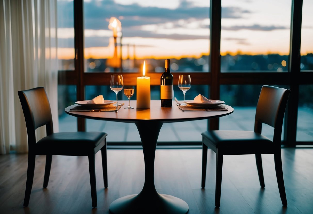 A table set for two with a flickering candle, a bottle of wine, and two empty chairs, one pulled slightly away from the table