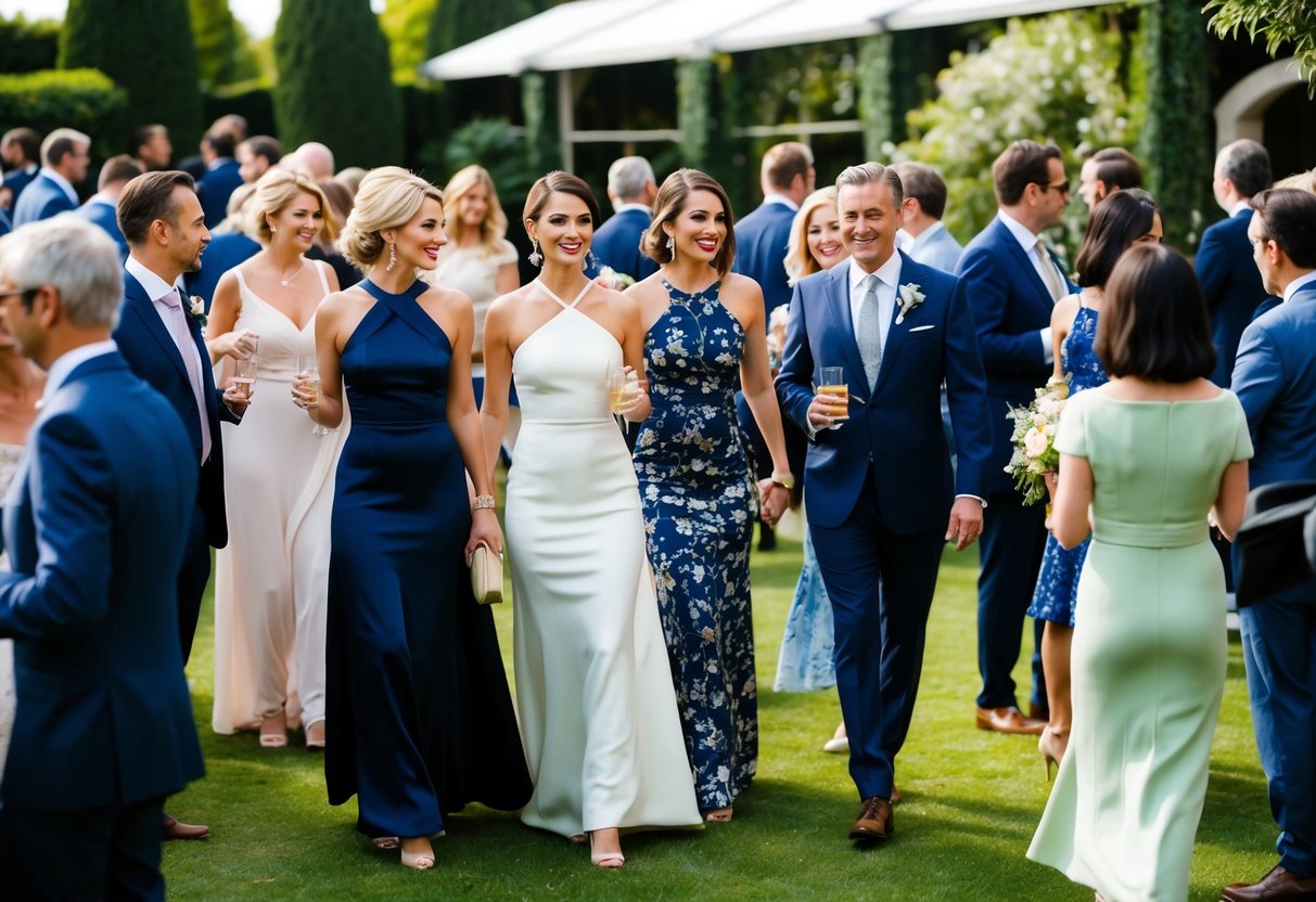 A group of elegantly dressed guests mingle in a picturesque garden setting, with women wearing stylish dresses and men in suits or formal attire. The scene exudes a sense of celebration and sophistication