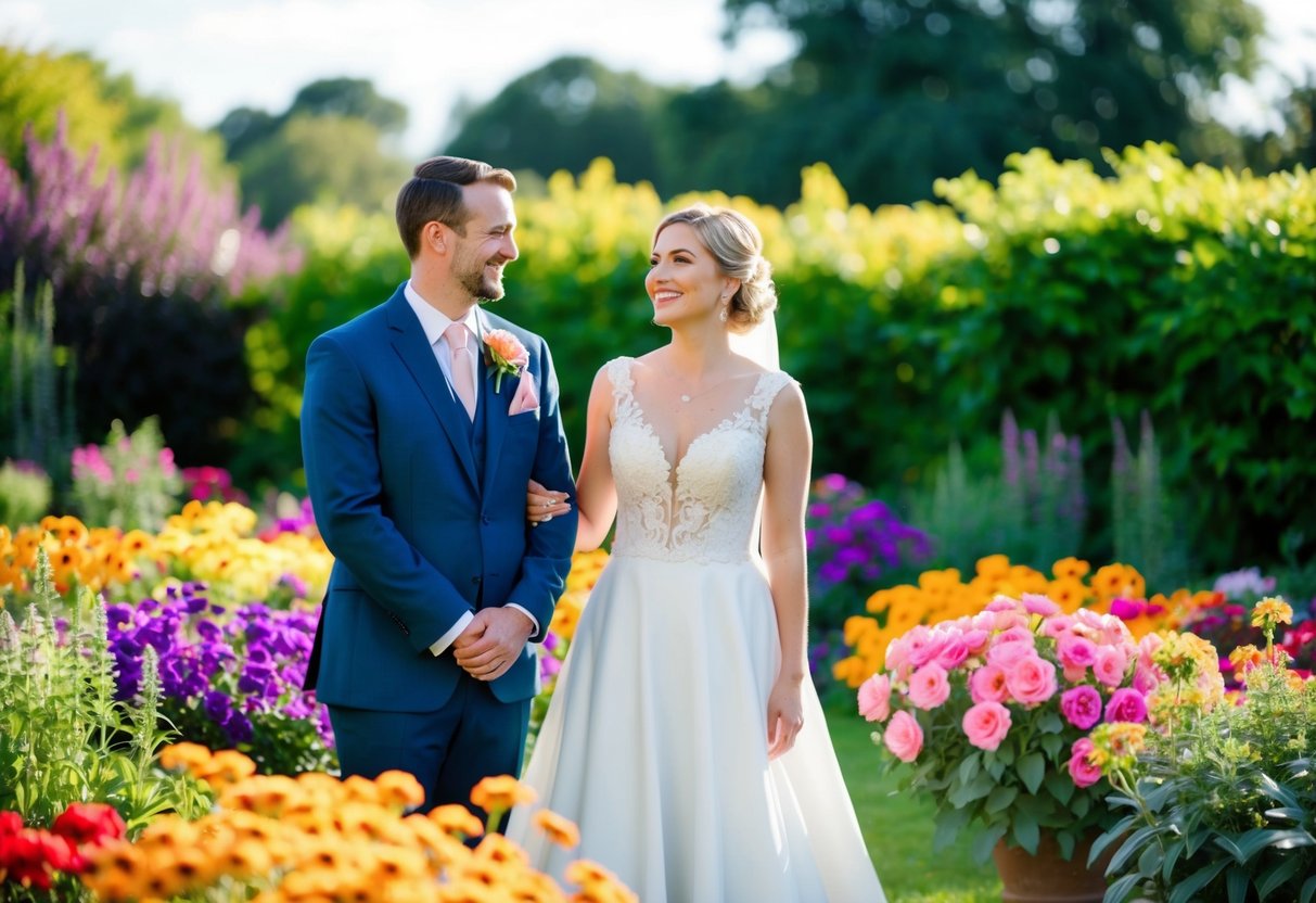 A bride and groom stand in a garden surrounded by vibrant, budget-friendly flowers. The couple smiles as they admire the colorful blooms