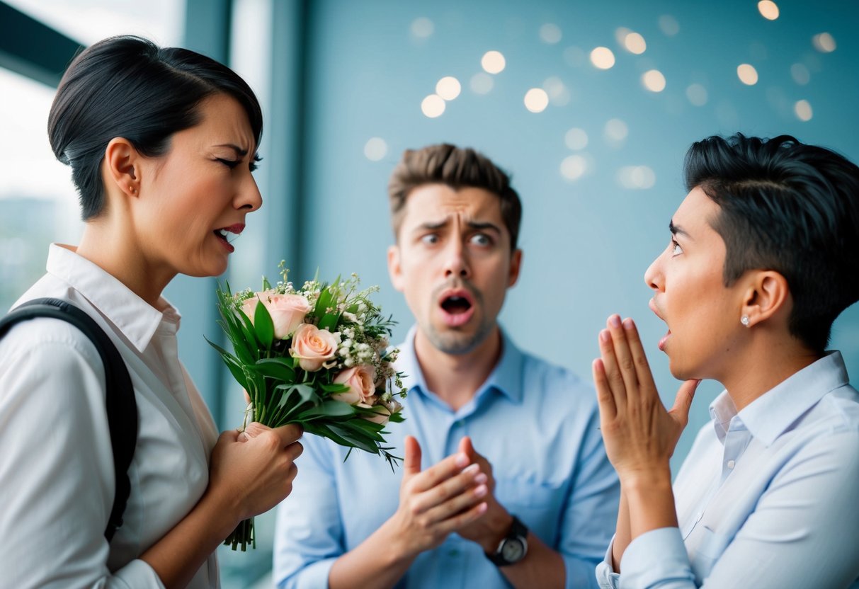 A person holding a bouquet, with a pained expression, while another person speaks with a shocked and disapproving look
