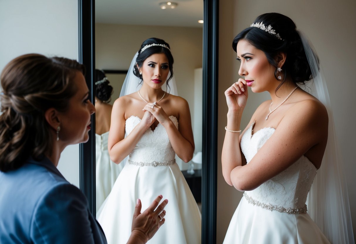 A bride standing in front of a mirror, wearing her wedding dress with a pensive expression, while a friend talks to her with a concerned look on her face