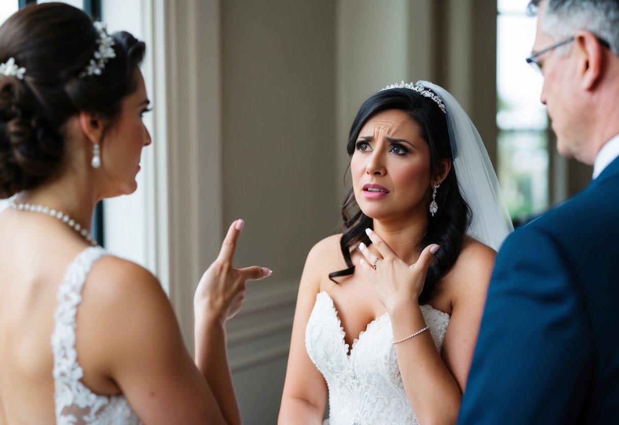 A bride looking upset while someone speaks to her, gesturing to avoid certain topics