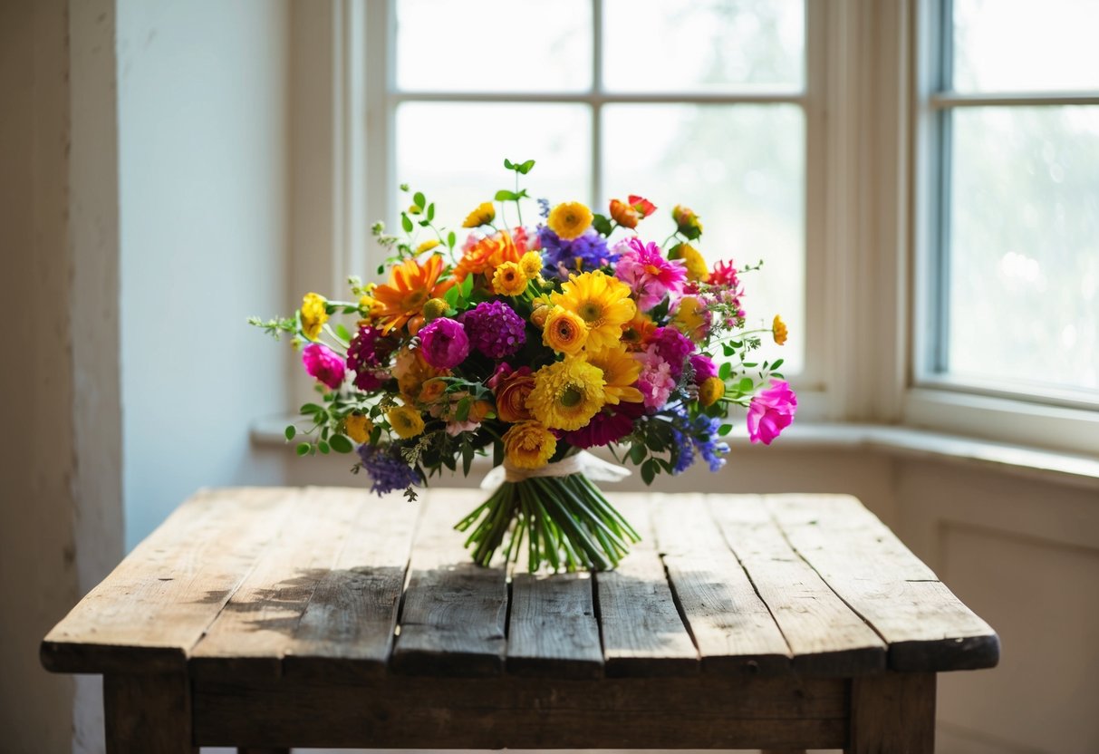 A colorful bouquet of flowers sits on a rustic wooden table, bathed in soft, natural light streaming through a nearby window