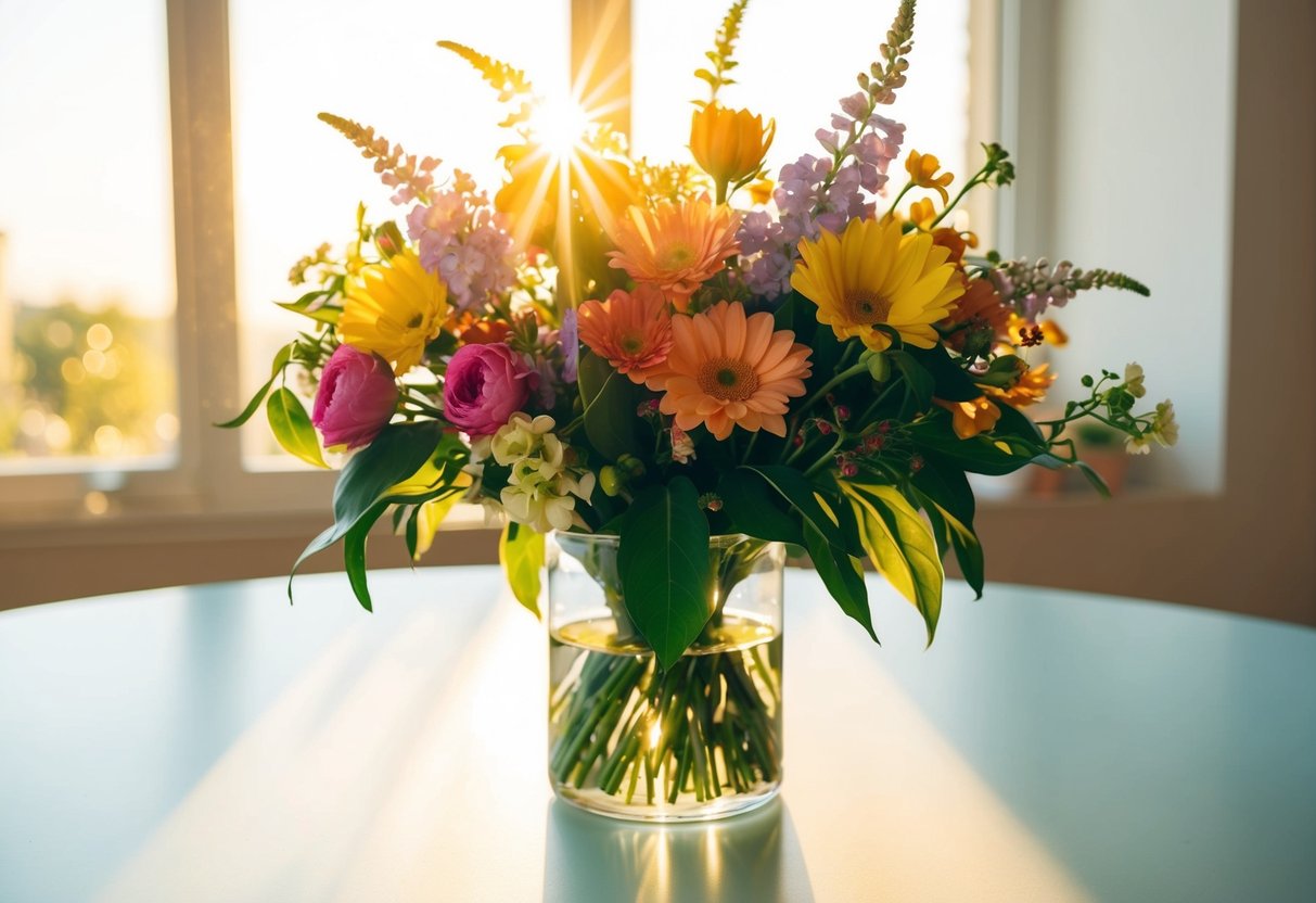 A colorful bouquet of flowers sits on a table, bathed in soft sunlight streaming through a window, casting a warm glow on the delicate petals and leaves