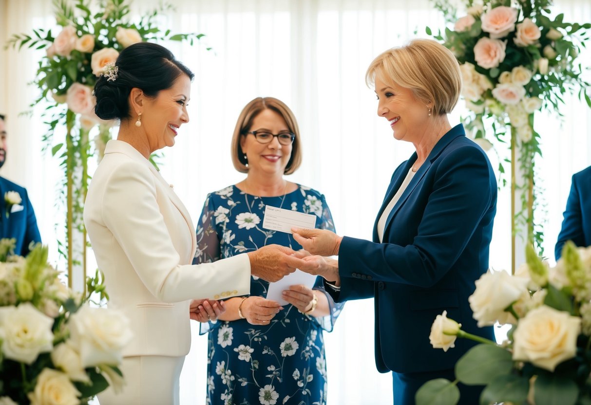 A mother hands over a check to a wedding planner, surrounded by floral arrangements and wedding decor