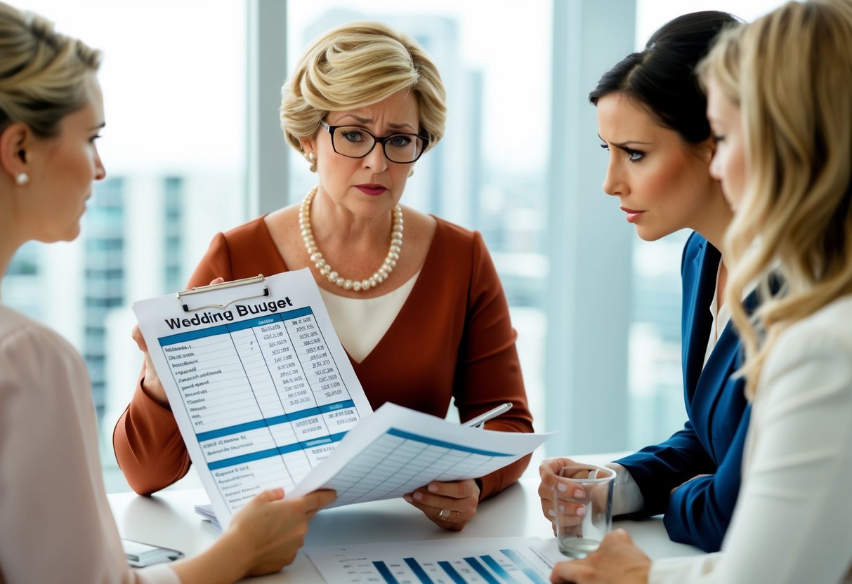 A mother figure holding a wedding budget spreadsheet and looking stressed while discussing financial responsibilities with the bride