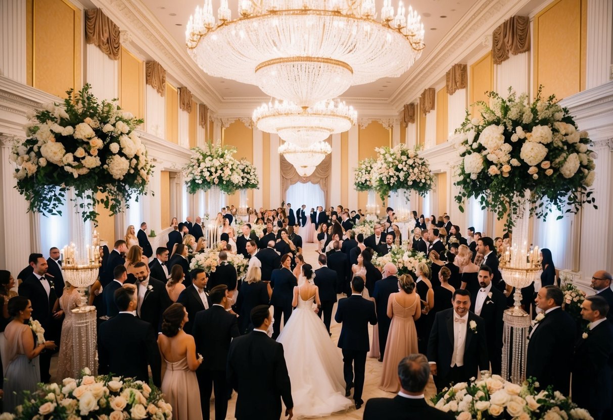 A grand ballroom adorned with elegant chandeliers and ornate floral arrangements, filled with guests in formal attire, creating a lavish and opulent atmosphere for a wedding celebration