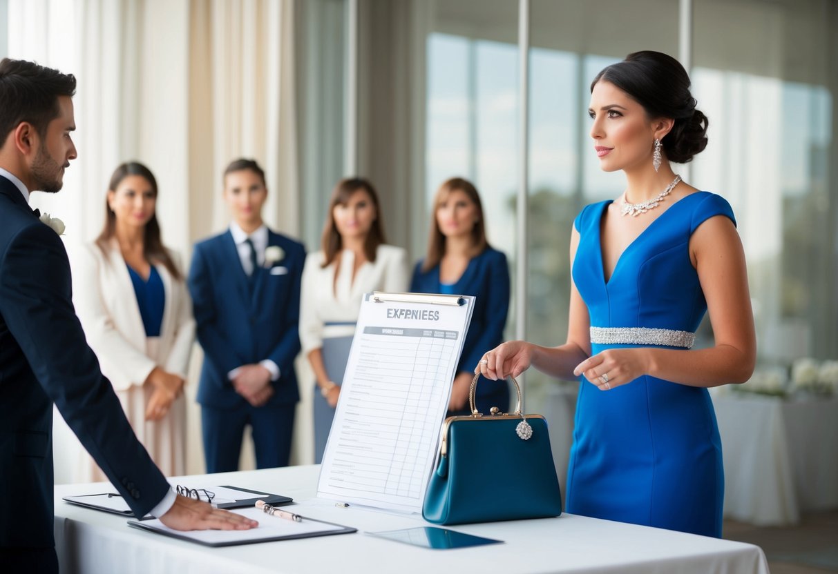 A woman in a formal dress holds a purse while standing next to a wedding planner's table with a list of expenses. She looks unsure and hesitant