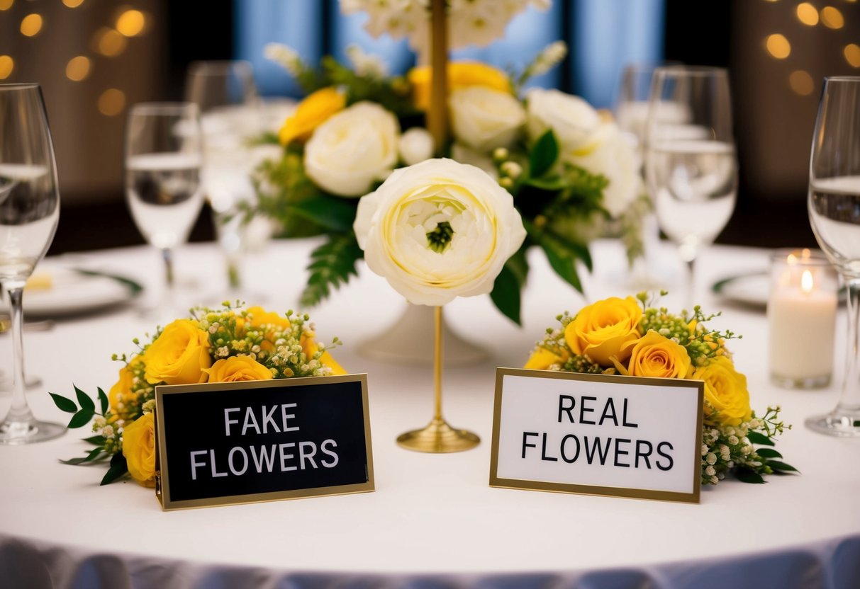 A table with a price tag labeled "fake flowers" on one side and "real flowers" on the other, surrounded by wedding decor