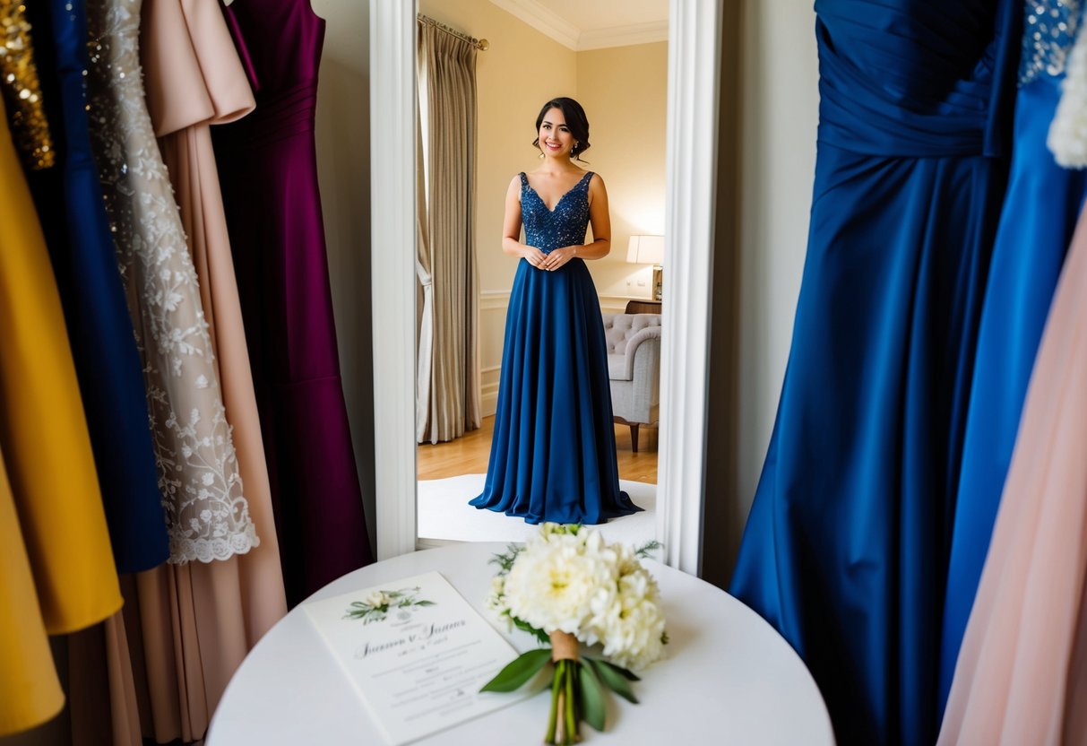 A woman in an elegant dress stands in front of a full-length mirror, surrounded by various outfit options. A wedding invitation lies on the table