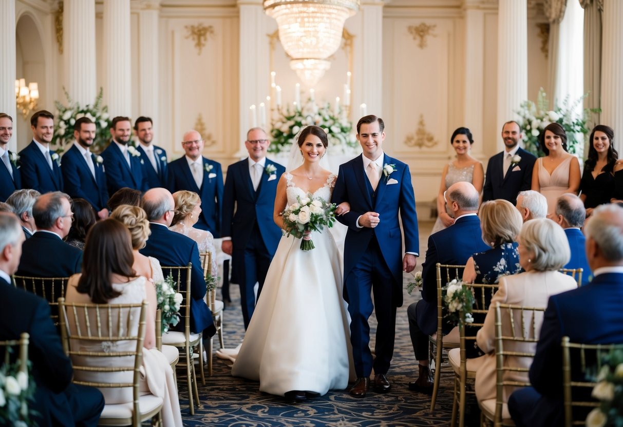 A formal wedding setting with elegant decor, guests in formal attire, and a bride and groom at the center of attention