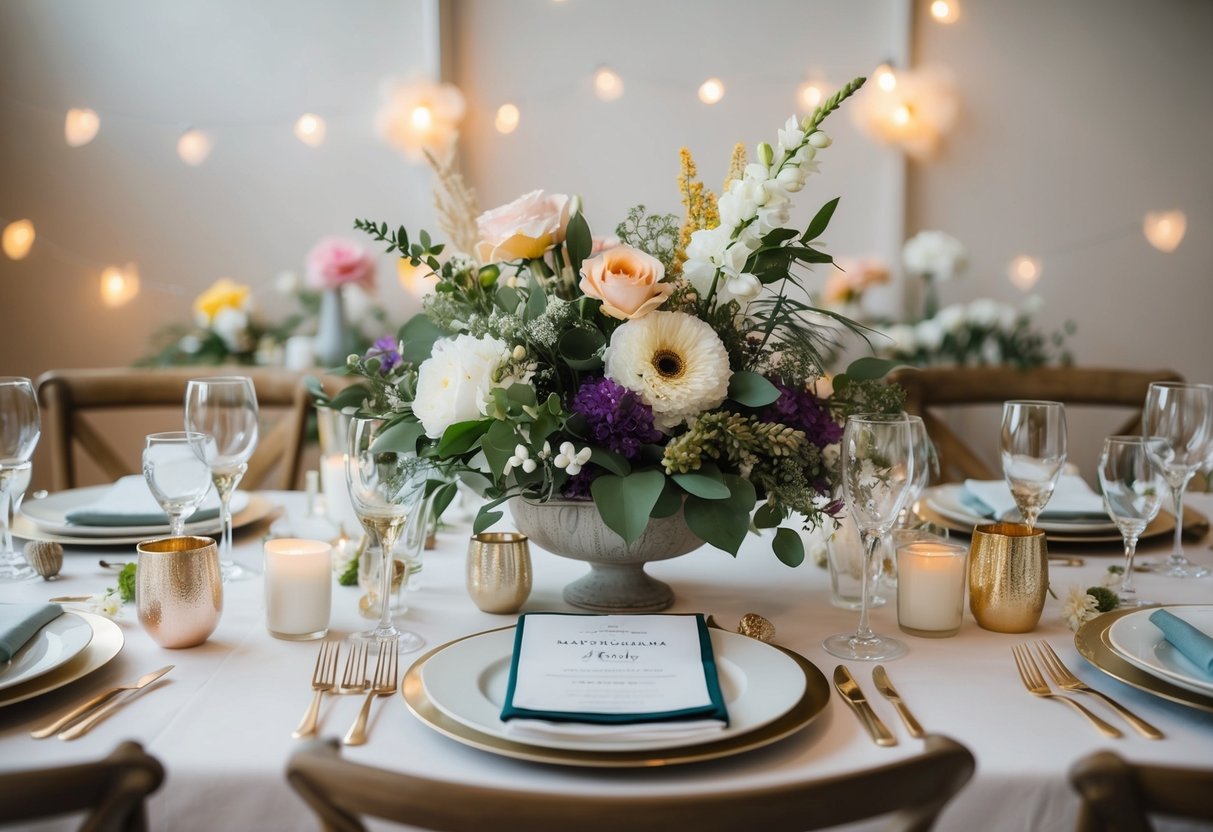 A table set with a mix of real and fake flowers, surrounded by wedding decor and accessories