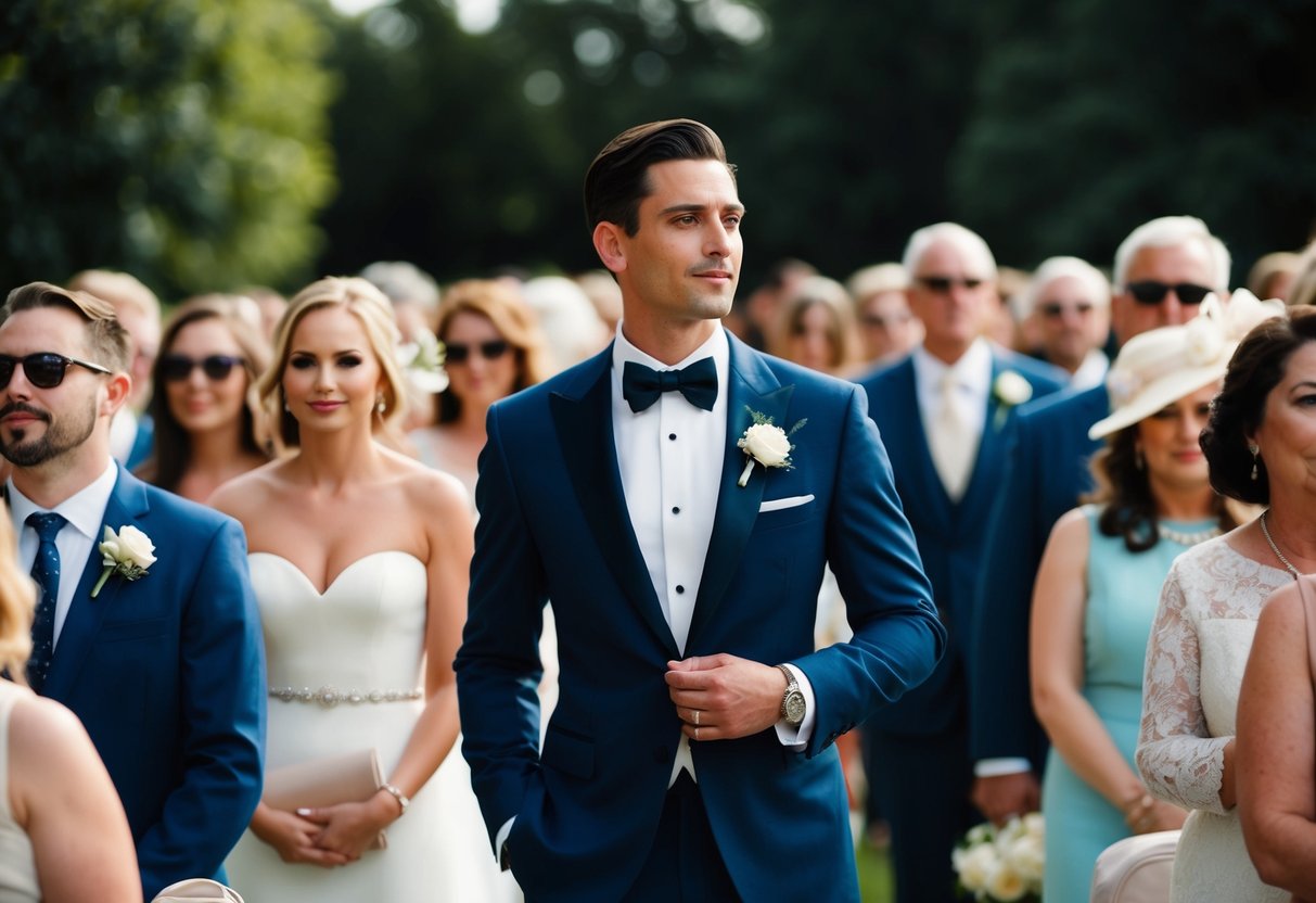 A well-dressed figure stands amidst a crowd at a wedding, exuding elegance and sophistication in their attire