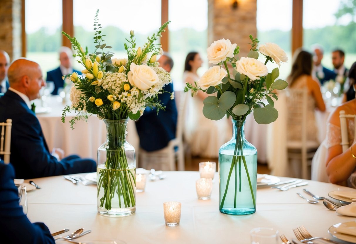 A wedding reception table with a vase of real flowers on one side and a vase of fake flowers on the other, surrounded by guests