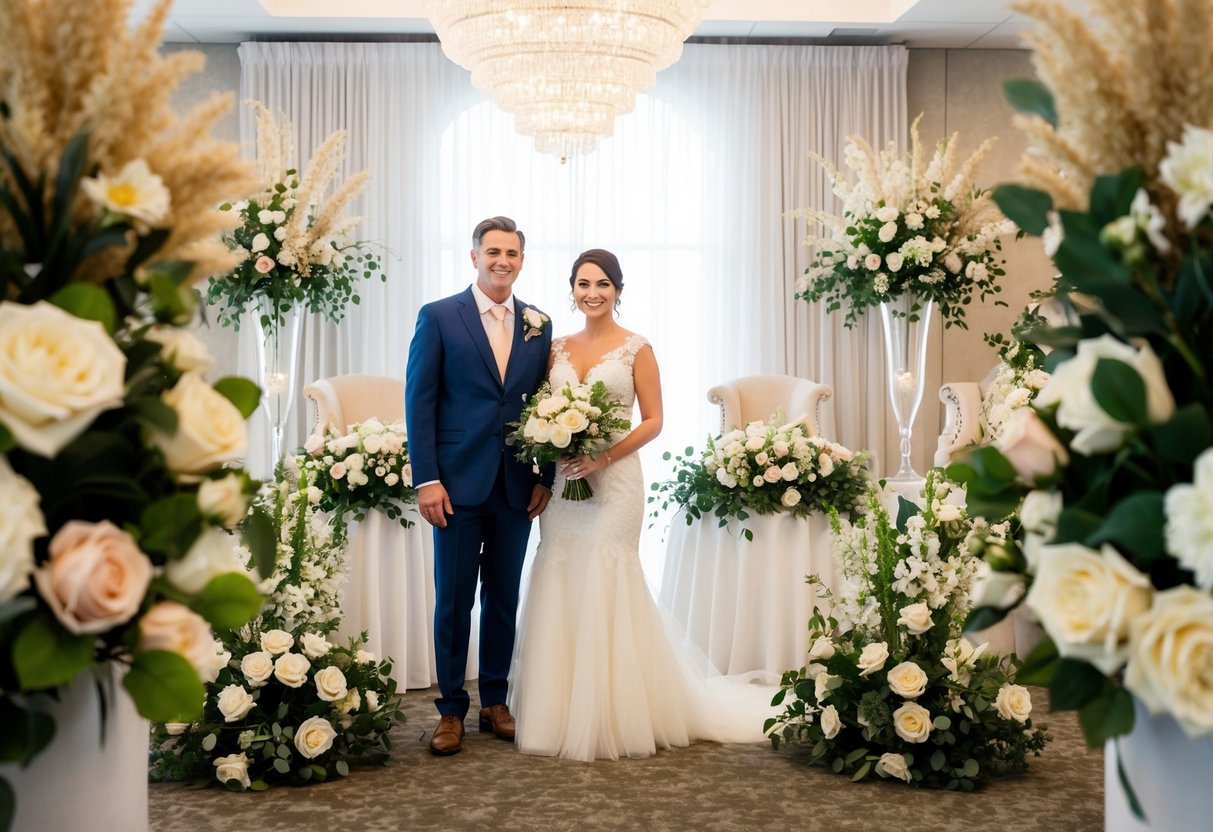 A bride and groom stand in a decorated wedding venue, surrounded by a mix of real and fake flowers. The fake flowers are arranged in elegant bouquets and centerpieces, while the real flowers add a touch of natural beauty to the scene
