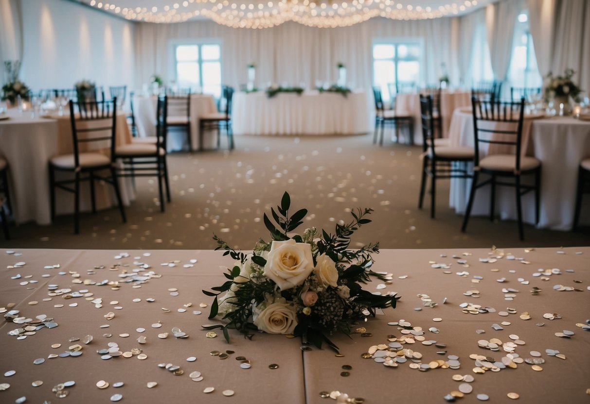 A deserted wedding reception venue with empty tables and chairs, scattered confetti, and wilting flowers