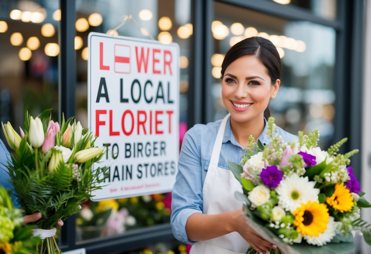 A customer smiling as they receive a beautiful bouquet from a local florist, with a sign displaying the lower prices compared to larger chain stores