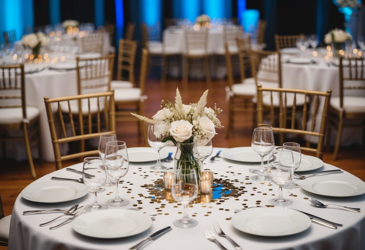 Empty chairs at a set table with untouched place settings and scattered confetti