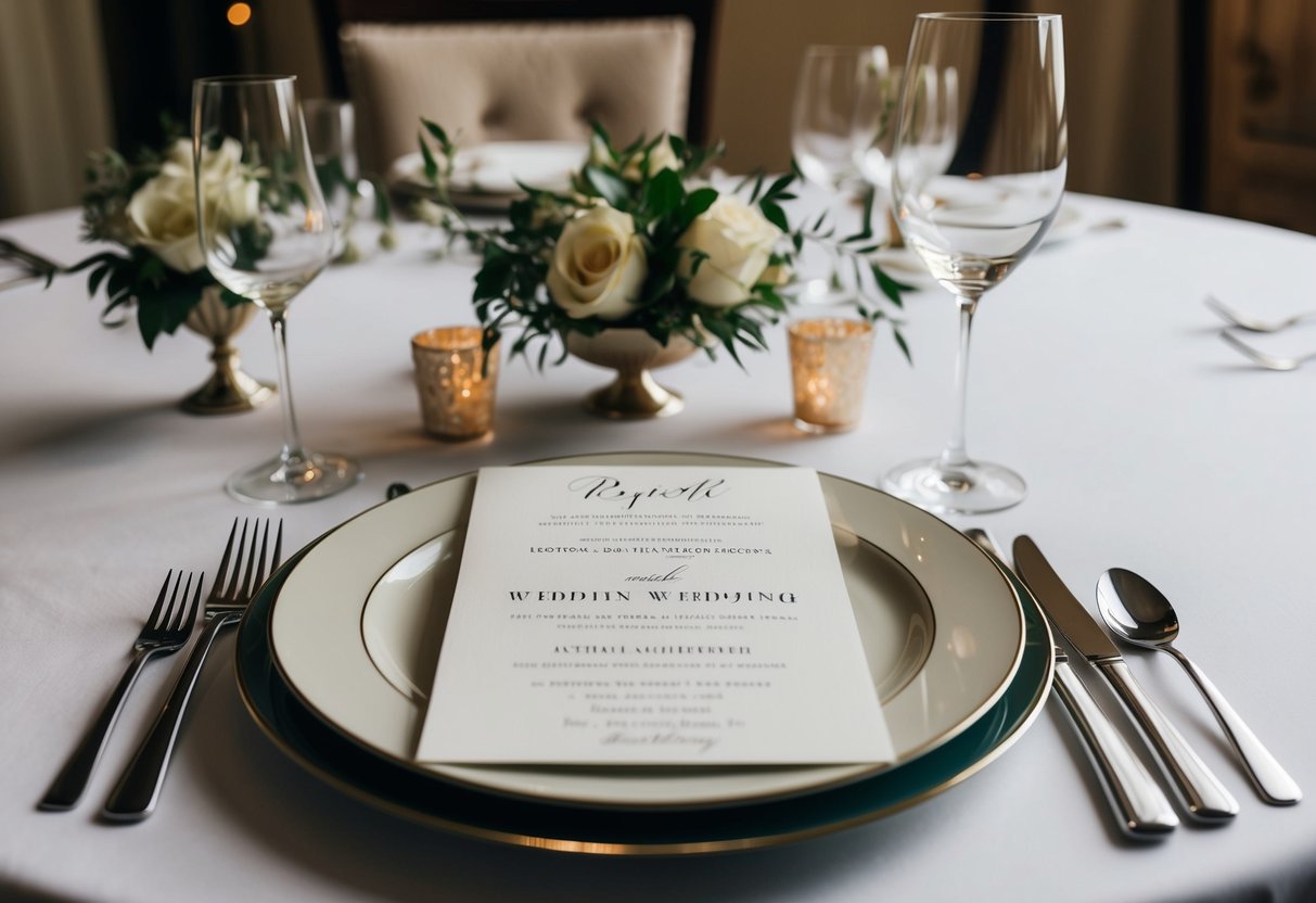 Empty place setting at a formal dining table with a wedding invitation and a regretful note