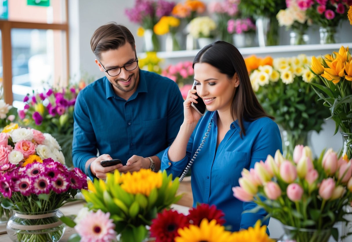 A customer on the phone with a local florist, surrounded by colorful flower arrangements and a helpful florist providing advice
