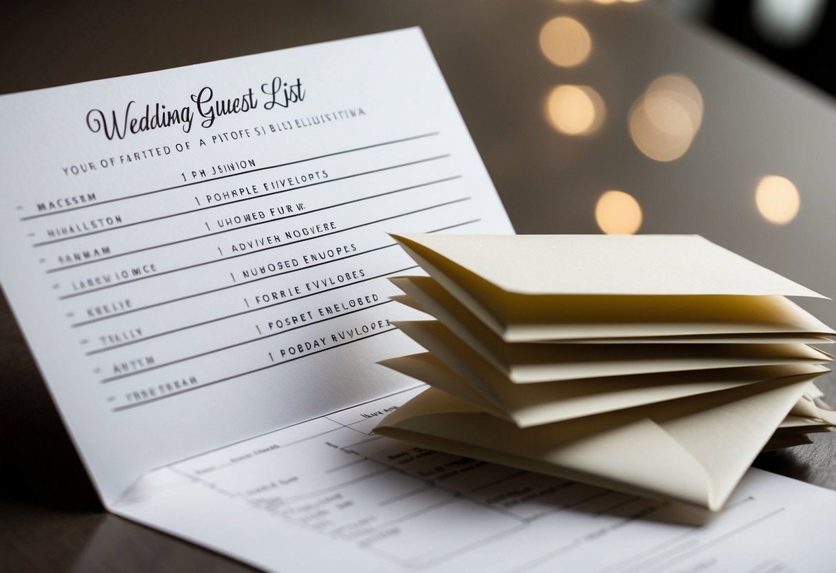 A wedding guest list with names crossed out and a pile of unopened RSVP envelopes