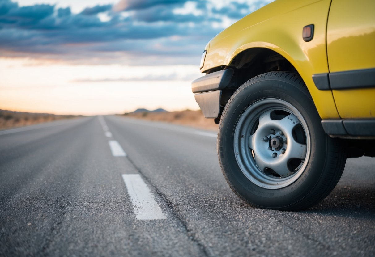 A broken-down car on a deserted road with a flat tire