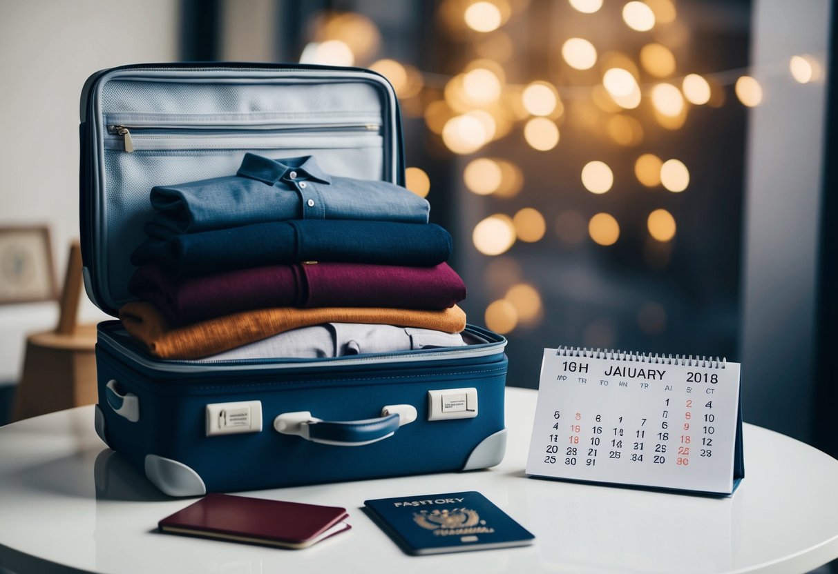 A suitcase packed with clothes and a passport left on a table next to a calendar with the wedding date circled
