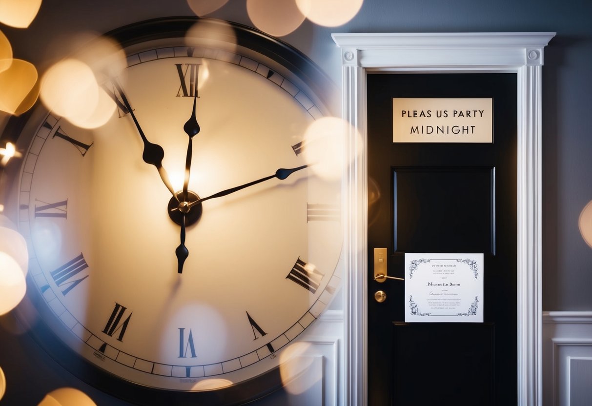 A clock striking midnight as a closed door with a party invitation slides under