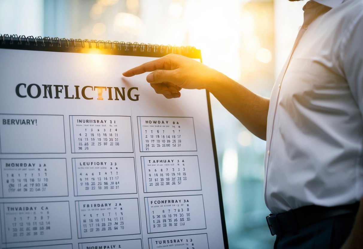 A person standing in front of a calendar, pointing to a conflicting event date