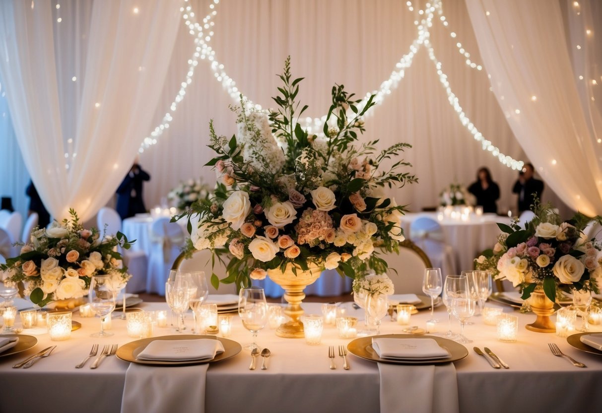 A table adorned with elegant floral centerpieces, draped with delicate fabric, and surrounded by sparkling lights and candles