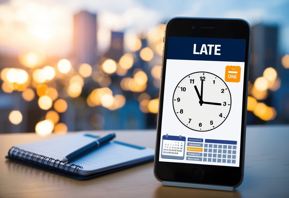 A clock showing a late hour with a calendar and a missed event notification on a smartphone