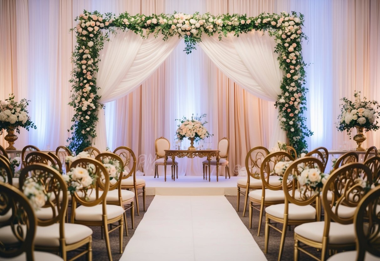 A grand wedding arch adorned with flowers and drapery, surrounded by elegant chairs and tables set with ornate centerpieces