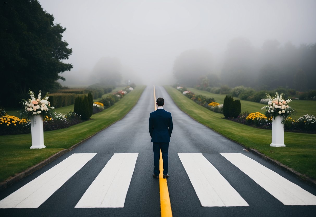 A lone figure stands at a crossroads, one path leading to a wedding venue adorned with flowers, the other disappearing into the misty distance
