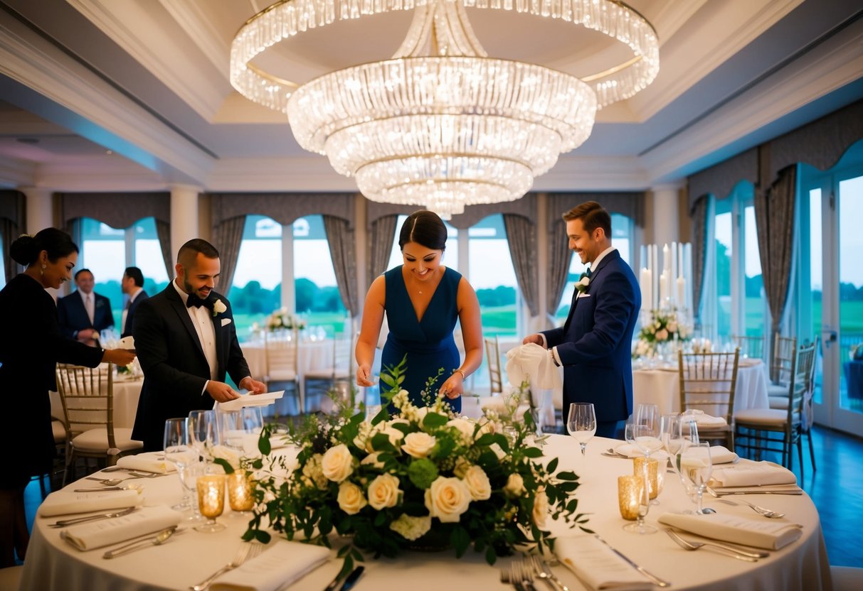 A wedding decorator arranging flowers and linens, coordinating with vendors in a ballroom with elegant chandeliers and large windows overlooking a garden