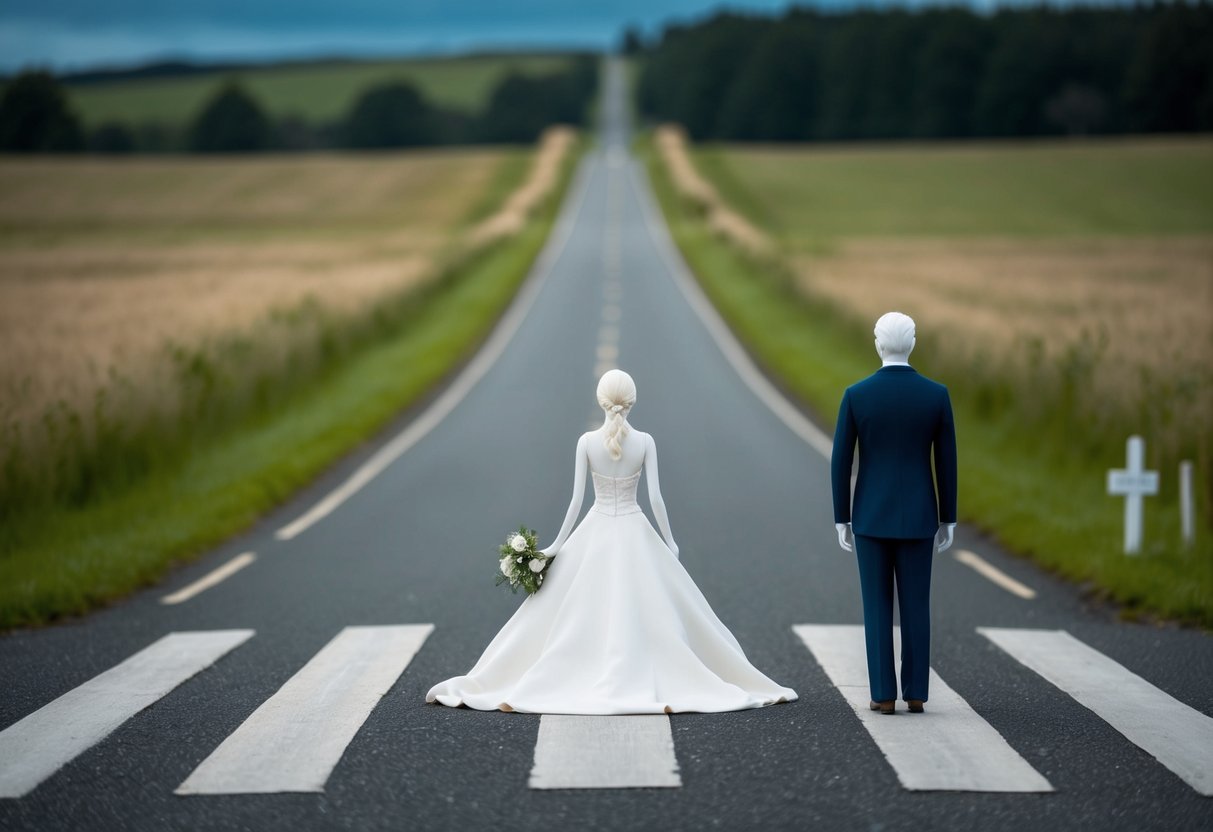 A solitary figure stands at a crossroads, one path leading to a wedding venue, the other disappearing into the distance
