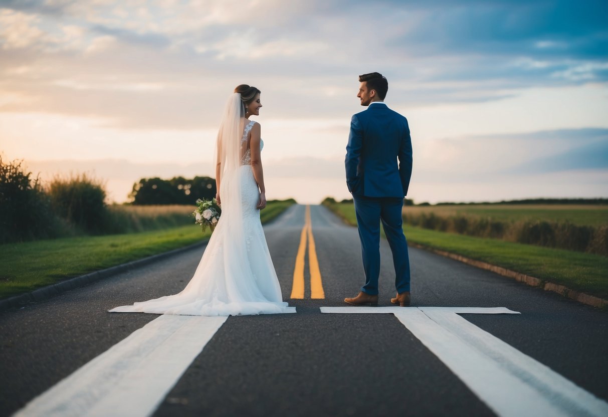 A person standing at a crossroads, one path leading to a wedding venue and the other to an unknown adventure