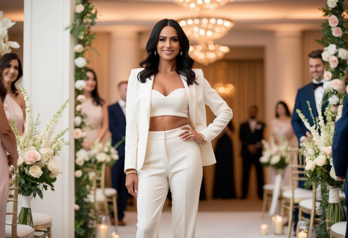 A woman in a stylish outfit, wearing pants and a matching top, stands confidently at a wedding ceremony. The setting is elegant and festive, with flowers and decorations adding to the celebratory atmosphere