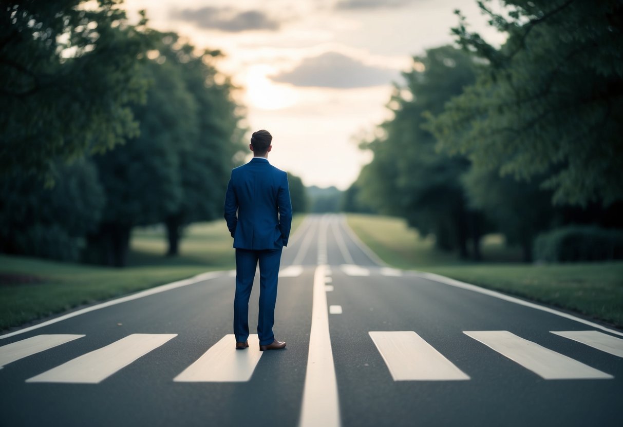 A lone figure stands at a crossroads, contemplating two paths leading to a wedding venue and a solitary journey