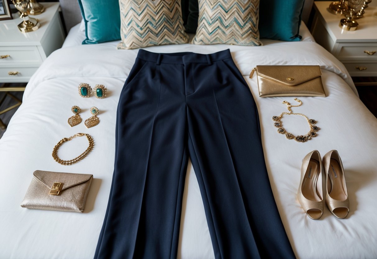A woman's elegant pants outfit laid out on a bed, with a selection of stylish accessories such as jewelry, shoes, and a clutch purse arranged alongside