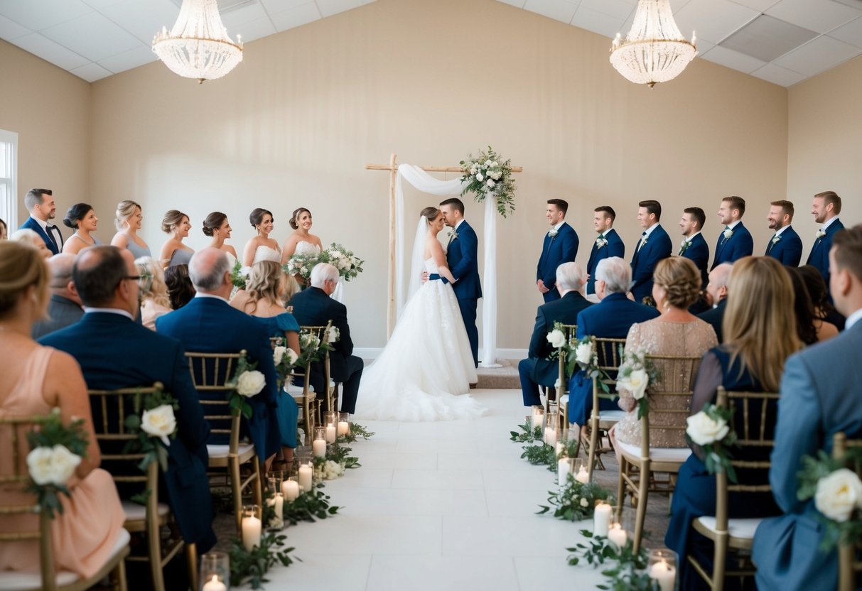 A simple wedding lacks grandeur and extravagance. The scene could show a plain, unadorned ceremony space with minimal decorations and a small guest list