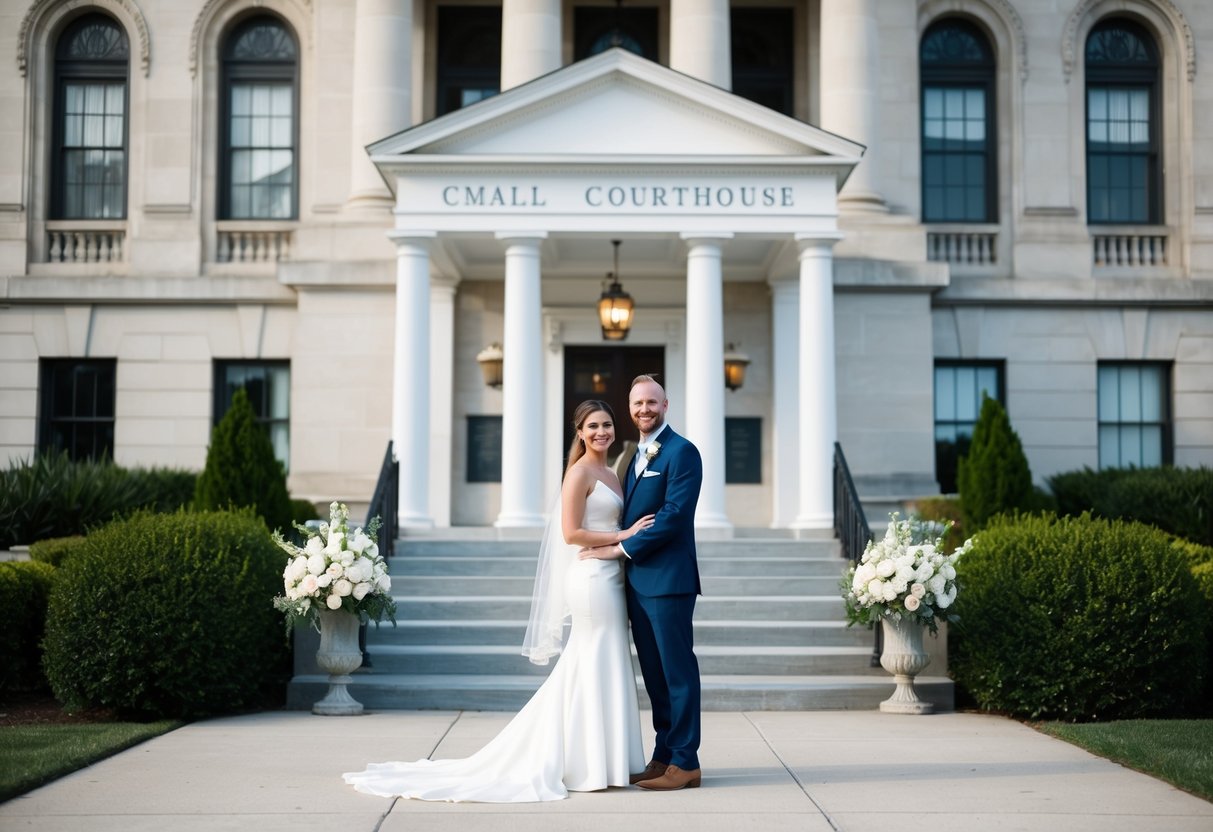 A couple standing in front of a small courthouse with no guests, while a grand wedding venue sits nearby