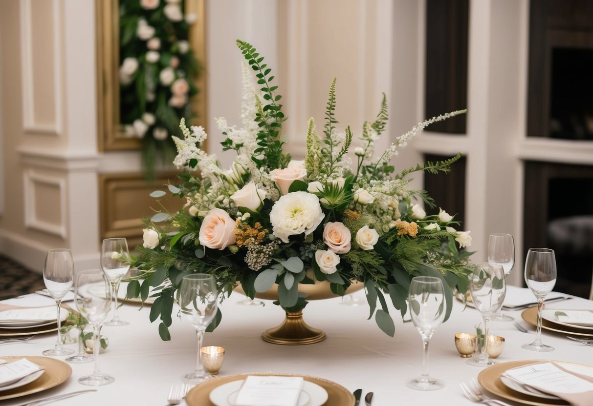 A beautifully arranged centerpiece sits atop a table, adorned with flowers, greenery, and decorative elements. The design exudes elegance and sophistication, making it a focal point of the room