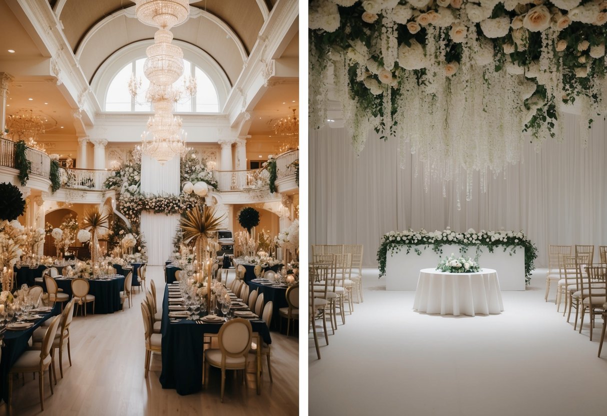 A cluttered wedding venue with excessive decorations and elaborate setups, contrasting with a simple, minimalist wedding setting