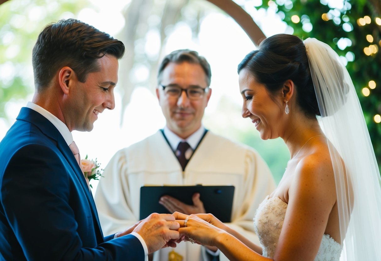 A bride and groom exchanging rings in front of an officiant