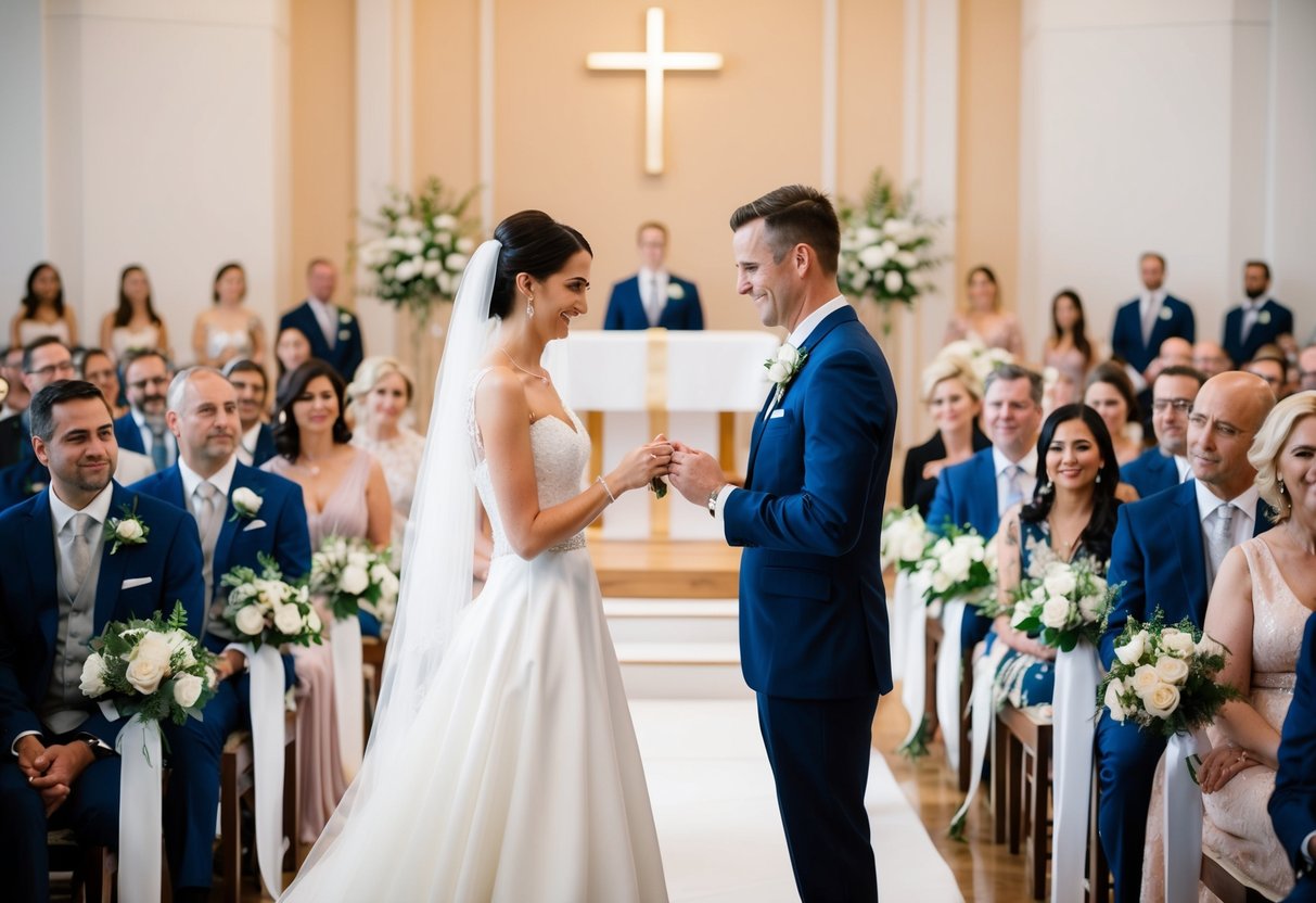 A bride and groom exchanging rings at the altar with guests seated in rows on either side